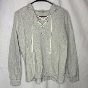 LOFT Lace Up Hoodie Sweatshirt Gray Cotton Size M